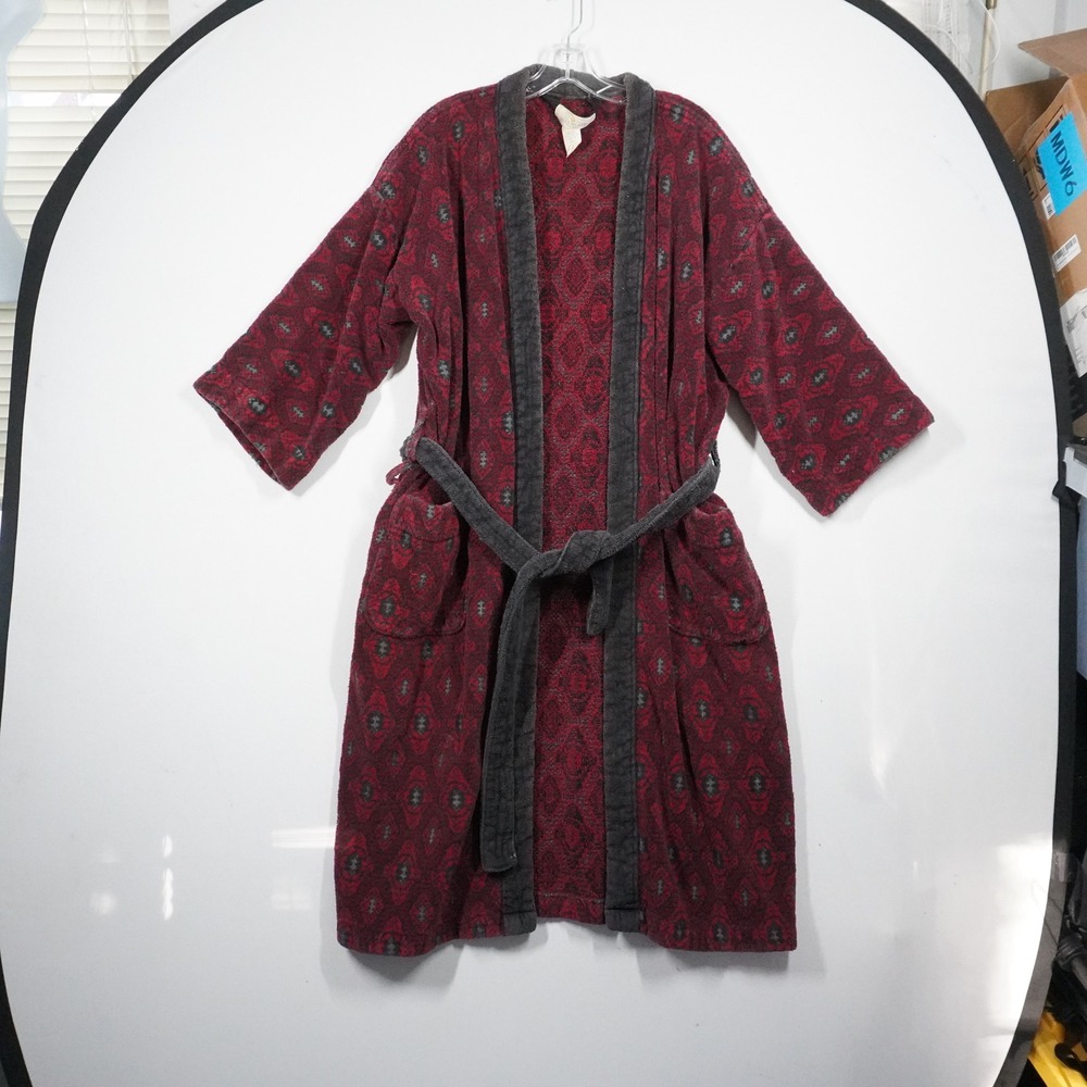 VTG Bill Blass Mens Burgundy Geometric Cotton Terry Cloth Bathrobe O/S Dadcore